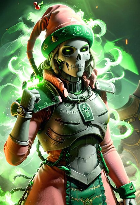 super Close Up Portrait, astra militarum 
greenteam necrons necron, fighting stance, fists up, instant christmas, Simple color Palette, Hd, very Detailed, awesome Quality, reflecting, luminescent, translucent, Ethereal, Aura, princess Peach necron, smiling, santa hat, ChristmasSweater, White smoke, light beams through smoke, Bruce Lees iconic posing fighting frame, fists up,