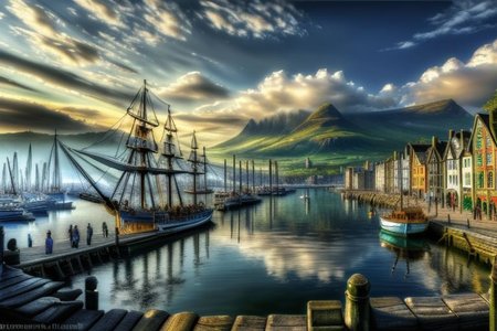 (masterpiece:1.2), (best quality,:1.2), 8k, HDR, ultra detailed, ((photorealistic)), perfect anatomy, pire, ship, pier, over looking a harbor, noon, CelticLandStyle