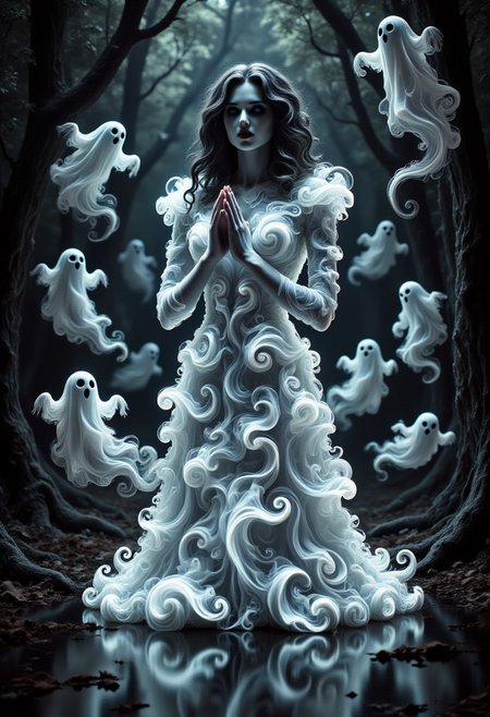aidmafluxpro1.1, 
A pale woman is wearing a glowing dress made of ghosts. she has a pale skin, detailed blue eyes and red lipstick. She's praying to the idol of a dark cult. The scene is set in a dark twisted forest where swirly ghosts are flying around here.
masterpiece, best quality