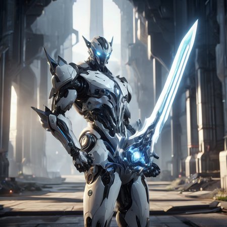 Action shot of a futuristic robot, wielding sword, glowing eyes, futuristic labb in background, HD, masterpiece, best quality, hyper detailed, ultra detailed,