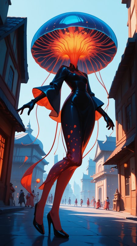 score_9, score_8_up, score_7_up, score_6_up, <lora:JellyfishHybridPDXL:1>Vermilion jellyfishhybrid, a hybrid between a jellyfish and a human, Elemental sorcerer, Samurai Jack, from below, One Arm Across Waist, no legs, no face, in location on a buildingâs fire escape, where the city feels both close and distant, best quality, masterpiece quality