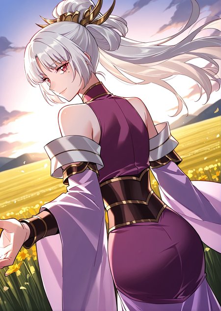 <lora:Zi_Ziyan__I_am_the_Fated_Villain__Illustrious:1>
1 girl, solo, white hair, bangs, hair up, ponytail, red eyes
mole under eye, bare shoulders, long purple dress, detached sleeves
score_9, score_8_up, score_7_up, very aesthetic, source_anime, detailed, high quality, beautiful, masterpiece, detailed eyes, field, blurry background, pose dynamic angle, upper body, cowboy shot, light smile, looking back, reaching out, floating hair
