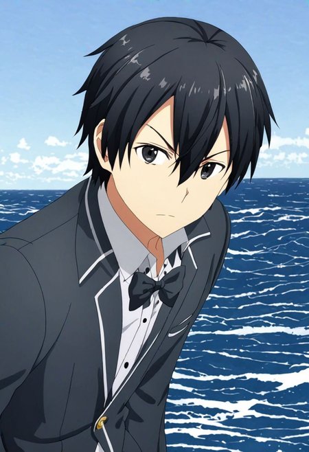 high resolution, solo, best quality, 1Boy, Kazuto Kirigaya, Black Hair, Black Eyes, sea, bow cruise ship, stong wind, ocean, OverallDetail