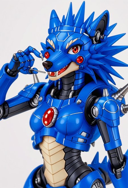 score_9, score_8_up, score_7_up, source_furry, source_anime, hari harry, friender, wolf, hedgewolf, megaman, megaman3, needle wolf, spikey shell, red eyes and gem (on body), claws, robotic, friender, hedgewolf, spike, spike head, spikey shell, robot, solo, (female:2), cowboy shot, looking at viewer, simple background, anthro, kind, calm, cute pose, one eye closed, wink