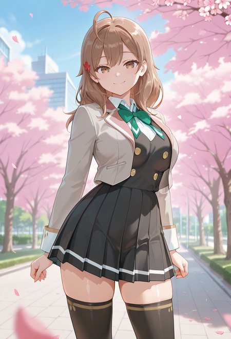 masterpiece,best quality,absurdres, amazing quality, shiny skin
tokyo \(city\), park, cherry blossoms, falling petals, cowboy shot, looking at viewer, standing, smile
 <lora:mariyamikhailovnakujou-11:1> masha, 1girl, brown hair, shirt, school uniform, jacket, brown eyes, white shirt, collared shirt, long hair , (one red flower),  long sleeves, bow, green bow, grey jacket, skirt, thighhighs, black thighhighs, zettai ryouiki, pleated skirt, ahoge, open jacket, large breasts, legs apart
