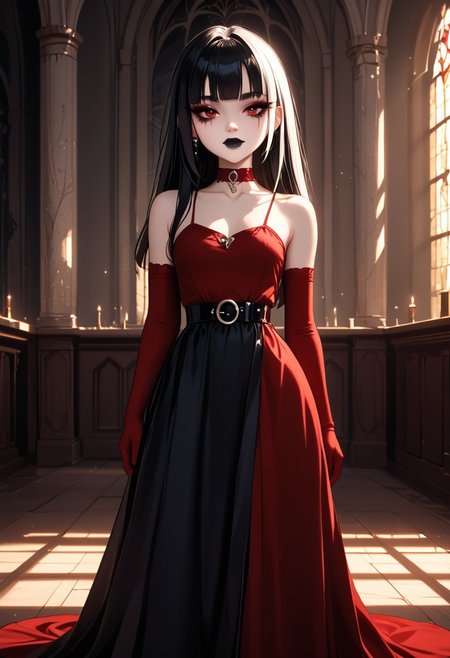 (masterpiece), 8k, best quality, ultra-detailed, (high res), cinematic lighting, beautiful lighting, high quality, studio quality, detailed, insanely detailed, extreme detail, refined detail, perfect detail, max detail, smooth lighting, detailed background, hyper detailed body, beautiful lighting, vibrant lighting, global illumination, absurdres, high-res, dynamic lighting, score_9, score_8_up, score_7_up, score_6_up, score_5_up, score_4_up, ponypositive, 1girl, solo, solo focus, (narrow waist, skinny, small body, slim), looking at viewer, (3/4 view), indoors, (Gothic Castle), bright lighting, daylight, sunshine, cute, kawaii, gleaming eyes, (closed mouth), no expression, legs spread, big eyes, (standing), alone, Expressiveh, (hands by sides), (rating_safe, sfw), cgi, (dark red dress, black dress accents), goth, blunt bangs, (dark red elbow gloves), long hair, red eyes, makeup, (black leather boots), black stockings, (dark red choker), lips, total drama, Crimson_(Total_Drama), (pale white skin), black lips, lipstick, (black hair, white bangs, multi-colored hair, streaks), (long dress), (goth makeup), black belt, jewelry,