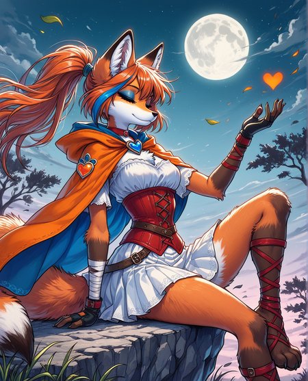 masterpiece, best quality, amazing quality, solo, furry female, sfxm2, fox tail, fox ears, paws, paw pads, (long hair, streaked hair, high ponytail), eyeshadow, fox claws, orange cape, blue inner cape lining,  short cape, (red corset, white skirt), heart brooch, moon, trees, bandages, wraps, open-toe footwear, fingerless gloves, vivid contrast, vivid coloring, breeze, windy, fluffy fur, detailed fur, sitting
