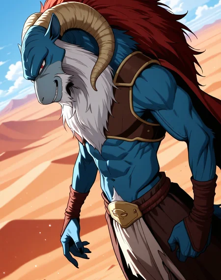 <lora:Moro_1st_Form_(Dragonball_Z)_(Illustrious)_(AD):1.5> Moro, muscular, goat,
dutch angle, exterior, desert, sky with detailed clouds,
male focus, gradient coloring, solo, cowboy shot, bent leg, perfect proportions, goat head, blue body, soft shading, evil smirk, old, aged up, frail, wrinkles, long white beard, thin waist, 
BREAK very awe, aesthetically pleasing, masterpiece, best quality, amazing quality, very aesthetic, perfect depth of field shot, in'ei, furry_art, source_furry, source_anime,
EZRealPONYXL, zPDXL, Smooth Quality, lazympos, IllustQualXL_Pos,