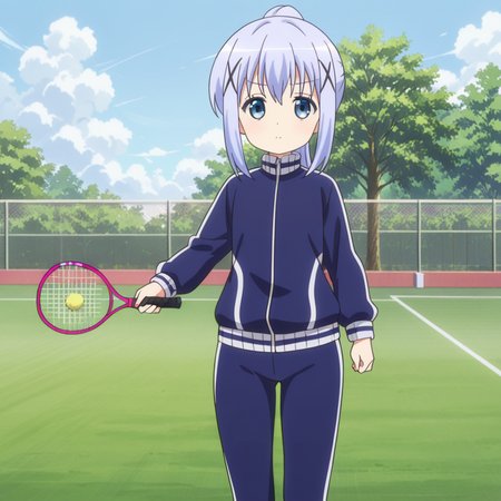 nsfw, masterpiece, best quality, amazing quality, 1girl, solo, is_the_order_a_rabbit_chino_kafu, x hair ornament, blue eyes, light blue hair, track jacket, long hair, jacket, blue pants, tree, holding, sidelocks, day, long sleeves, bangs, tennis racket, tennis court, looking at viewer, cloud, outdoors, sky, <lora:Chino_Kafu_-_Is_the_Order_a_Rabbit:0.7>
