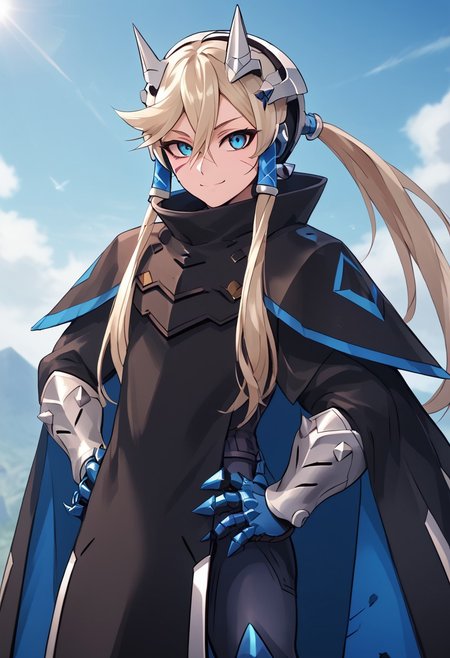 score_4,score_5,score_6,score_7_up,score_8_up,score_9 ((masterpiece,best quality,ultra detailed,highres,HD,4k:1.2)),
1 girl, solo, long hair, ponytail, blue eyes, sharp eyes, slanted eyes, hair tube, hair between eyes,facial scar, bangs, headgear,
cape, cloak, armor, spikes, gauntlets, 
standing,hand on hip,
smile,