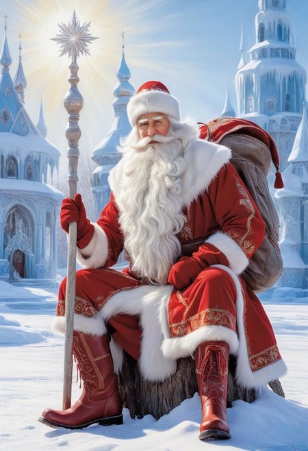 masterpiece, best quality, oil painting,  DedMoroz, 1boy, stern face of an old man, thick eyebrows, kind eyes, long beard, sitting on stump, large canvas bag with gifts at his feet, (red high boots:1.5), frozen, ice, magic staff, ice palace in the background, snow, frost and sun, wonderful day, ultradetailed, <lora:DedMoroz:1>,  <lora:add-detail-xl:0.9>