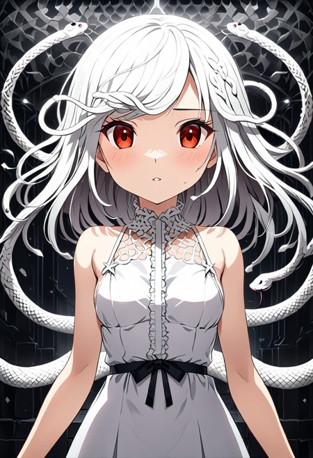 source anime, anime style, official art, "Sengoku Nadeko wrapped by a pale white snake around her neck, glowing under soft, eerie lighting, surrounded by detailed scales, mixed with a surreal and unsettling atmosphere, photorealistic textures." white_hair, red_eyes, medium_hair, snake_hair, small_breasts, WHITE DRESS, <lora:SDXLFaeTastic2400:0.4> <lora:extremely_detailed:0.4> extremely detailed, <lora:sn4ke:1>,sn4ke, Masterpiece,best quality,hi res,8k,hi res,8k,award winning,(sharp focus, intricate, highly detailed), rating:safe