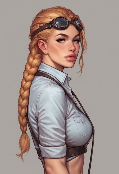 (((side view))). front view
detailed, volumetric lighting, 1woman, braided ginger-blonde hair, hair patterned bandana, ((miner goggles over the hair)), closed buttoned dark shirt, navel exposed, cargo shorts, suspenders, dirty face
((full-clothed)),
dynamic pose <lora:Cherry-Gig:0.55>
BREAK 
((((post-apocalypse background)))) score_9, score_8_up, score_7_up, score_6_up, source_cartoon, rating_explicit, Expressiveh, (((((upper body))))), dynamic pose