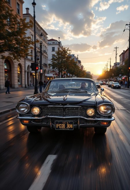 A nostalgically crafted relic of the past, a meticulously restored deep Monochrome pearlescent classic 60's muscle car cruises through the dusk streets with an intimidating elegance. The vintage vehicle gleams with a lustrous sheen, showcasing its aerodynamic lines and sharp accents as it cruises along the asphalt. This evocative scene is captured in a vividly detailed oil painting, where every brushstroke highlights the car's classic styling and pristine condition. Impeccably rendered, this image transports viewers to a bygone era of automotive luxury and style. aidmafluxproultra