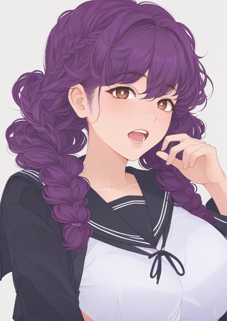 1girl, yaotome urushi, huge breast, black sailor collar, braid, bright pupils, brown eyes, hair between eyes, long hair, long sleeves, looking at viewer, open mouth, purple hair, sailor collar, school uniform, serafuku, shogi piece, solo, twin braids, white pupils, <lora:EllieMaplefox:1>