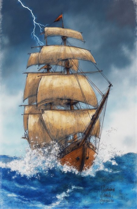 Sharp image of a rough sketch, rendered in vibrant multi colour ballpoint pen, capturing the adorable features of a digital illustration of a sailing ship in the ocean. The ship is a tall ship with multiple sails that are billowing in the wind. The sky is filled with dark clouds and lightning bolts, creating a dramatic and stormy atmosphere. The water is choppy and turbulent, with large waves crashing around the ship. The overall mood of the image is dramatic and dramatic.  p3nsk, <lora:p3nsk:1>