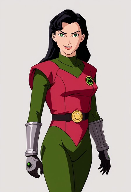 1girl, female focus, solo, Caitlin, black hair, long hair, green eyes, small breasts, turtleneck, Power Pack uniform, asymmetrical clothes, print bodysuit, green bodysuit, black bodysuit, bracers, metal bracers, belt, cowboy shot, looking at viewer, smile, v, rating_safe, simple background, white background