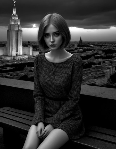 Dark Moody Atmosphere, HDR photo of monochrome raw monochrome photo, night photo,  Rikki_Wilson sitting on bench,  volumetric lighting, hyper-realistic, 32k resolution  <lora:red_architecture:1> red architecture,, greyscale, monochrome, city, . black and white, contrast, tone, texture, detailed . High dynamic range, vivid, rich details, clear shadows and highlights, realistic, intense, enhanced contrast, highly detailed, dramatic, mysterious, dark moody atmosphere