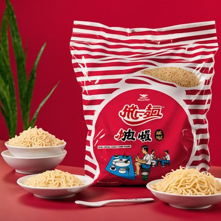 rozamanbag,text,A bag of instant noodles placed on a red table. The packaging of the noodles is clearly visible, showcasing the brand and flavor. The red table provides a striking contrast, emphasizing the subject. The scene should be as realistic as a high-resolution photograph, with natural and even lighting that highlights the details of the bag and the texture of the table, <lora:rozaman2:0.7>