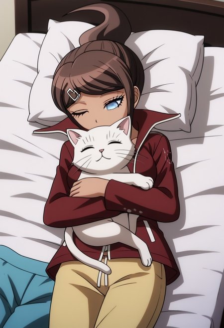 masterpiece, best quality, <lora:Danganronpa:1>, aoi, brown hair, blue eyes, hair ornament, dark-skinned female, ponytail, jacket, hairclip, pajamas, pajama pants, BREAK, bedroom, bed, sleeping, eyes closed, peacefully, cuddling, cat, cuddling with cat, under blanked,
