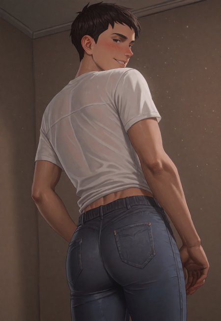 score_9, score_8_up, score_7_up, Masterpiece, Best Quality, beautiful eyes, detailed eyes, male focus, dynamic angle, dim lighting, blush lines, male focus, solo, face focus, back, back view, looking back at viewer, seductive smile, teeth, cowboy shot, standing,

((male)), ((mature)), ((adult)), handsome, sexy, ((skinny)), ((slim)), ((slender)), ((twink)), white shirt, tight blue jeans, small ass,

Sean D1az, short hair, dark brown hair, brown eyes, tan skin