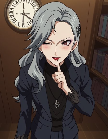 score_9, score_8_up, score_7_up, source_anime, <lora:sae-niijima-s1-ponyxl-lora-nochekaiser:1>, sae niijima, long hair, hair ornament, brown eyes, grey hair, makeup, lipstick, mole under mouth, red lips, medium breasts, mature female, anime screencap, long sleeves, jewelry, jacket, earrings, pants, necklace, coat, turtleneck,, clock tower, clock, height, landmark, hands, , <lora:shushing-ponyxl-lora-nochekaiser:1>, shushing, finger to mouth, index finger raised, from above, library, smile, blush, one eye closed, dutch angle,, looking at viewer, solo,, dutch angle, cowboy shot