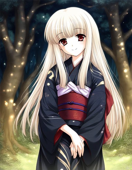 score_9, score_8_up, score_7_up, source_anime, rating_explicit, BREAK   <lora:Rindou_Ver2.0_XL:1> Rindou, solo, red eyes, long hair, white hair, blonde hair, albino,
 japanese clothes,  black kimono, outdoors, sash, obi, day,  long sleeves, nature, tree, brown eyes, ãhand between legs
spring,
light_smile,
looking at viewer, 
cowboy_Shot,
