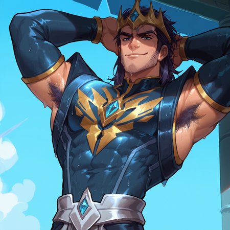 score_9, score_8_up, score_7_up, absurdres, intricate details, masterpiece, best quality, expressiveh, source_anime, screencap, high quality cg, 1boy, jarvan, Black skinsuit, medium hair, solo, male focus, castle interior background, torso and above portrait, narrow waist, tiny waist,one arm behind head, undressing, dripping sweat, wet armpit hair, excessive pube hair, excessive chest hair, v-taper, look at viewer, smirk, wolfconf, low angle, 

shiny skin, shiny