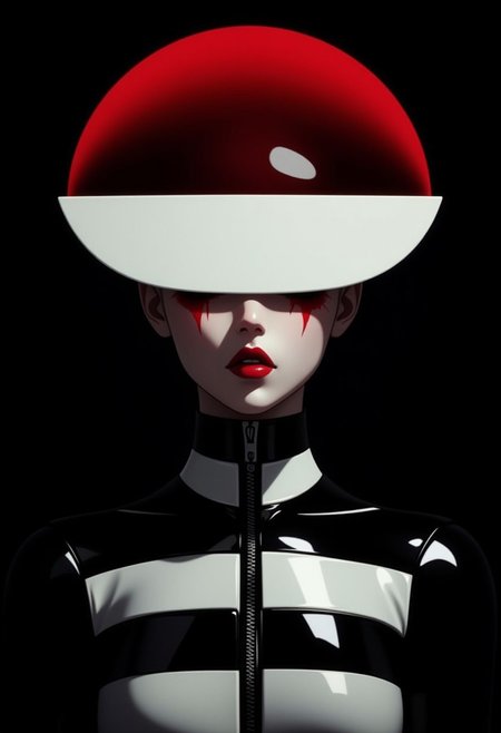 This is a highly stylized, digital artwork featuring a striking, androgynous figure against a solid black background. The subject is adorned in a futuristic, geometric costume with bold color combinations. The costume is primarily composed of horizontal black and white stripes, which create a stark contrast against the figure's pale skin. The headpiece is a large, circular shape with a gradient from red at the outer edge to white at the center, resembling a halo. The figure's face is painted in a dramatic, almost mask-like style, with a white base and striking red lips. The makeup around the eyes is heavily accentuated, giving a bold, almost exaggerated appearance. The overall aesthetic is minimalistic yet highly impactful, with a focus on clean lines and bold color contrasts. The image's lighting is carefully controlled, casting subtle shadows that accentuate the contours of the costume and the figure's features. The texture of the costume appears smooth and glossy, enhancing the futuristic and otherworldly feel of the artwork. The composition is symmetrical, with the figure centered and the headpiece extending beyond the frame, drawing the viewer's attention to the central subject.