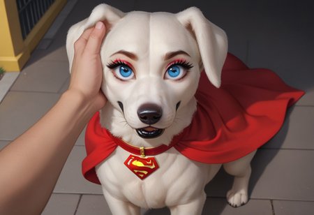 score_9, score_8_up, score_7_up, 2d, five fingers on the hand, 2girls, 2dog, score_explicit, source_furry, masterpiece, extremely detailed, outdoor, pavement, ((night)), looking at viewer, ((hand on head)),  ((POV)), ((above view, )), 
Superboy(/POV, 1boy, ((human, male)), faceless_male, standing,/),
Krypto(/superdog, krypto, superman symbol, dog, retriever, white retriever, ((white wool, white fur)), red cloak, ((animal, feral, dog, canine)), Detailed eyes, perfect face, perfect eyes, open eyes, huge hips, voluptuous, dump-truck ass, butt heavy,  huge butt, big eyes, makeup, eyeshadow, big eyelashes, black lipstick, red choker, mascara, blue eyes, canine face, , fangs, , dog muzzle, large dog, /),