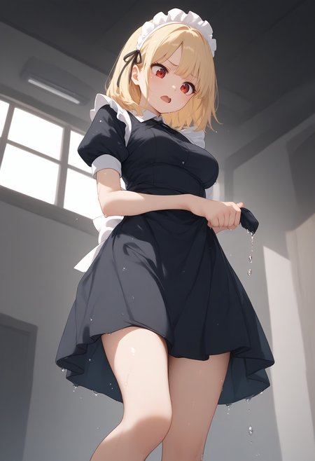 score_9, score_8_up, score_7_up, source_anime,
1girl,solo,medium breasts, maid, maid headdress,navel,
wringing clothes, wet clothes, wet hair, water drop,short sleeves, <lora:wringingclothes_Pony_v1:0.8>
ceiling, feet out of frame, looking down, blonde hair, red eyes,flustered, narrow dirty alleyway, open mouth, shiny hair,,