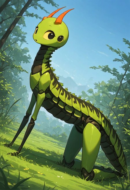 score_9, score_8_up, score_7_up, score_6_up, score_5_up, score_4_up, Expressiveh, (feral insect girl, feral caterpillar girl:1.2), full body shot, rearing up, perky breasts, green caterpillar, open mouth, cute, petite, (arms down at sides), single orange horn, (two-pronged horn), green body, leaves, looking at viewer, ((crawling, slithering, many legs:1.2), big bulbous head, long body, gigantic eyes, expressionless, wide eyes, centipede legs:1.3), black eyes, black irises, (dilated eyes), yellow sclera, big eyes, outdoors, blue sky, sunny day, black stripes, (dutch angle, diagonal view, side view:1.3)