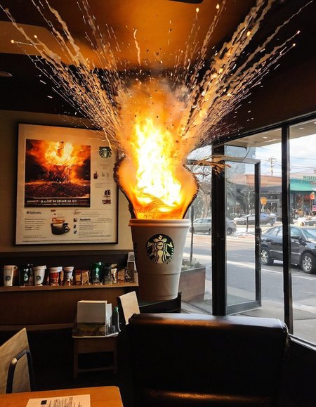 Explosion Artstyle coming from inside a starbucks coffee cup, overpriced, woke, surreal, disturbing, photorealistic, high resolution, beautiful, highest quality, masterpiece, highly detailed,  <lora:add-detail-xl:0.85> <lora:Explosion Artstyle - Trigger is Explosion Artstyle:1>