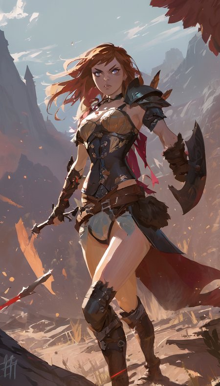Female fantasy warrior, fierce fight, scenery, detailed background, masterpiece, best quality, high quality, absurdres, Toni Infante <lora:toni_infante_xl_v3:1>