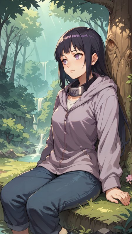 score_9,score_8_up,score_7_up,score_6_up, source_anime, zPDXL, girl, long hair, black hair, purple eyes, empty eyes, purple hooded jacket, headband around neck, konohagakure symbol, blue pants, <lora:Wakfu_CartoonV02:0.5>, <lora:xl_more_art-full_v1:0.5>,   <lora:Hinata Hyuga-000004:0.8>, sleeping, deep forest, tall grass, oak trees,