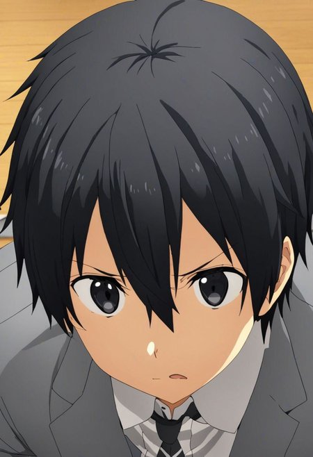 high resolution, solo, best quality, 1Boy, Kazuto Kirigaya, Black Hair, Black Eyes, school life, school uniform, OverallDetail