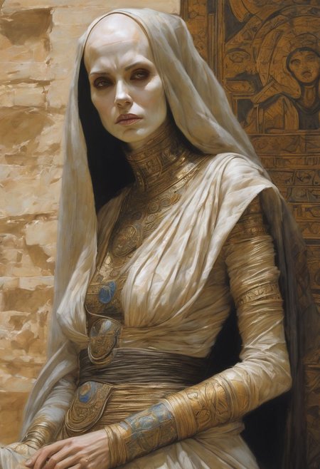 Asajj Ventress as a Mummu By Luis Royo and Basil Logos and Donato Giancola and Frank Xavier Leyendecker painted illustration: hips-up portrait of a scowling angray Asajj Ventress (pale and pallid skin, completely bald) wrapped in mummy linens, mummy wrapped in linen withered Persian face wandering alone in the Egyptology museum : dynamic action pose, 32k resolution, molecular precision.