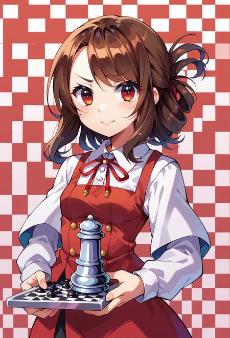 score_9, score_7_up, source_anime, BREAK   <lora:kamiya_yuu-Style-PonyXL-GLoRA:0.75> light smile, standing, holding chess piece, checkered background,, frown, 1girl, red eyes, tsurime, brown hair, medium hair, asymmetrical bangs, swept bangs, flipped hair, folded ponytail, small breasts,