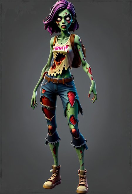 Stylized Teenage female zombie, in torn clothing, full body, Creative, game art, high quality, Fortnite style