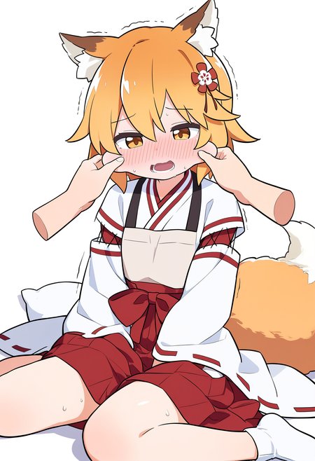 senko \(sewayaki kitsune no senko-san\), pinching, blush, 1girl, blonde hair, cheek pinching, trembling, open mouth, orange eyes, solo focus, sitting, sweat, miko, japanese clothes, ribbon mesh sleeves, lower teeth only, long sleeves, from above, wariza, cheek pull, full-face blush, animal ears, fox ears, fox tail, hair ornament, hair flower, orange hair, short hair, disembodied hand, white background, simple background, 
, masterpiece, best quality, good quality,
<lora:sakurakono_noob-vpred1.0_v2_edm2_p2:1>