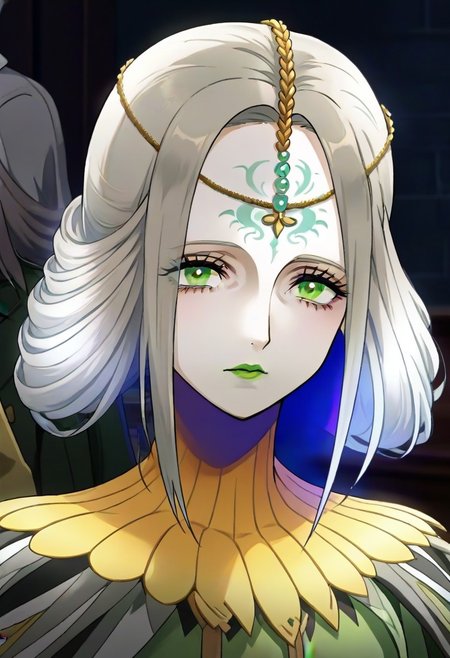 source_anime, 1girl, white skin, grey hair, forehead tattoo, green eyes, green lips, hair decoration, head chain, wrinckles, high yellow collar, medieval dress, white and green dress,<lora:Joanna_-_Metaphor_ReFantazio_-_Pony:1>