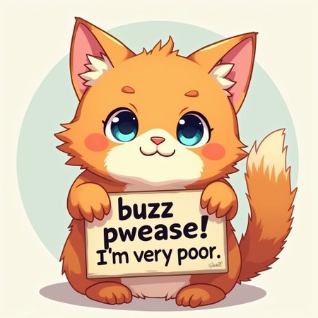 Cat, Cute Cat, Holding a sign that says 'buzz pwease! I'm very poor.' on the front, extremely cute fluffy orange cat with blue eyes, in anime art style, kawaii, detailed, looking at viewer