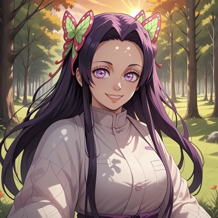 score_9, score_8, BREAK, solo, Kanae Kocho, long dark hair, violet eyes, busty, beautiful, haori, sexy pose, self portrait, smile, outdoors, sunlight, shadows, evening lighting, natural lighting, forest, trees, grass, orange sky, sunset