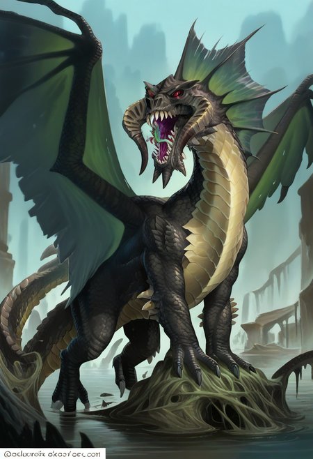 (score_9, score_8_up, score_7_up, score_6_up),(EasyNegativeV2:1.3), 
PonyXLV6_Scores, detailed,source_furry, rating_safe, 
 dnd_dragon, dragon, Feral, dragon, sharp teeth, open mouth, claws, horns, tail, solo, monster, red eyes, curved horns, blackdrg, (dragon tail),  membraned wings, wings, high quality, huge, (black scales:1.5), bog , swampy ruins background, membraned wings, wings, fangs, claws, wings,