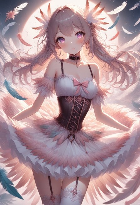 1girl, choker, off-shoulder dress, lace details, corset-style top, tutu skirt, fantasy theme, ethereal atmosphere, soft shading, detailed illustration,  pastel color palette, dreamy expression,  magical girl aesthetics, intricate costume design, feather motif, sparkle effects, delicate lighting, masterpiece, best quality, absurdres,