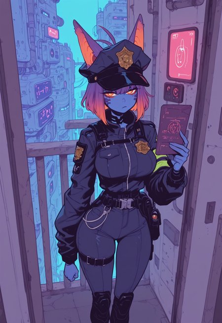 score_9, score_8_up, score_7_up, masterpiece, best quality, very aesthetic, 1girl, incoth, (incase:0.6), detailed face, (dynamic), (mature, curvy:0.1), alien girl, colored skin, colored hair, slanted bob, huge animal ears, antenna, police outfit, police hat, holding out badge, showing off passport, pass, police badge, identification, apartment doorway, futuristic, sci-fi, sci-fi background, apartment-complex, cyberpunk, bored, (annoyed:0.6), balcony, display, orange eyes, white pupils, looking at viewer