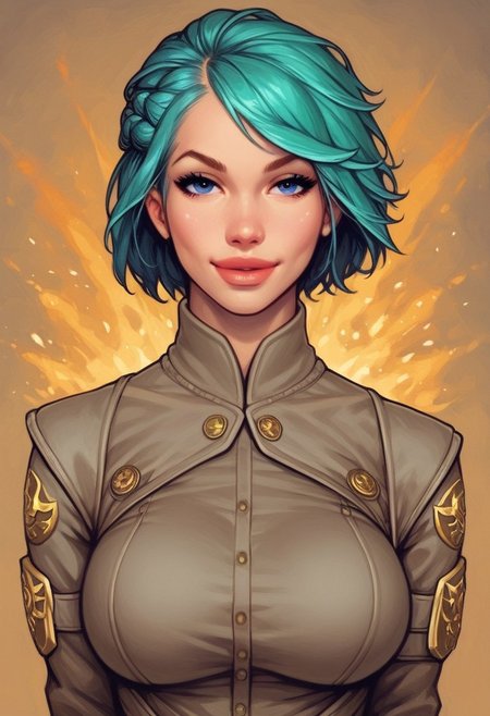 ((((front view))))
beautiful color, aesthetic, 2d,
(zeon pilot:1.3), ((khaki suit)), 
solo, standing, (battleground, explosions:1.5)
1girl, cute face, modest smile
((turquoise hair, folded in french braid, side bang hairstyles)), 	
big natural breasts, 
focused, looking at viewer,
(((full-clothed))), dynamic pose
BREAK 
score_9, score_8_up, score_7_up, score_6_up, source_cartoon, rating_explicit, Expressiveh, (((((upper body))))), dynamic pose