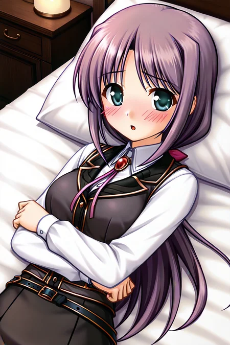 masterpiece, best quality, absurdres, official art, official style, rating generael BREAK <lora:lavria_IL_v1-1:0.7>, lavria, 1girl, solo, aqua eyes, green eyes, purple hair, very long hair, parted bangs, hair intakes, sidelocks, low ponytail, hair bow, pink bow, medium breasts, large breasts, brooch, bolo tie, black vest, black collar, white shirt, dress shirt, collared shirt, long sleeve shirt, belt, belt buckle, skirt set, long skirt, blush, looking at viewer, :o, on bed, pillow, open mouth, bed sheet, dutch angle, from above, indoors, black skirt, parted lips, bed, blush stickers, bedroom, close-up, embarrassed, portrait, shy