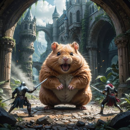 action shot, fighting, fantasy, gigantic hamster, bosstyle <lora:boss_battles:0.55> by (((Antonio J. Manzanedo) and Cyril Rolando) and Mab Graves) and Anne Stokes <lora:more_art:0.30> <lora:RMSDXL_Enhance:0.45> <lora:RMSDXL_Creative:0.45> <lora:RMSDXL_Photo:0.45> <lora:RMSDXL_Darkness_Cinema:0.45> <lora:clothing_slider:2.00> <lora:great_lighting:1.00> <lora:aesthetic:1.00> <lora:looking_at_viewer:1.00> <lora:photorealistic_portrait_v2:0.25> <lora:attractive_v2:0.10> <lora:extremely_detailed_v2:0.25> <lora:XDetail_heavy:0.45> <lora:add_detail:0.75> <lora:perfect_eyes:0.25> <lora:perfect_hands:0.50> <lora:midjourney:-0.15>