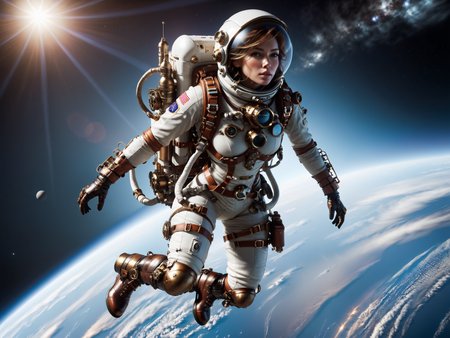 female astronaut in orbit of earth flying fast, steampunk, helmet, boots, gloves, backpack, mad-stpk-bts, mad-stpk_glvs, mad-stpk-bkpk, steam, grease, motion blur, cinematic shot, dramatic lighting, masterpiece, best quality, ultra high res, (photorealistic, realistic:1.2), deep shadow, raw photo, film grain, Fujifilm XT3, 8k uhd, dslr)